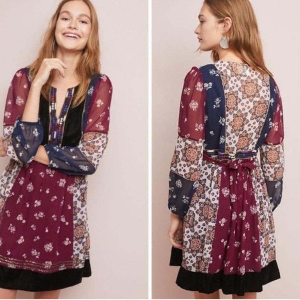 Maeve Anthropologie Quartier Latin Embroidered Velvet Patchwork Dress Size XS